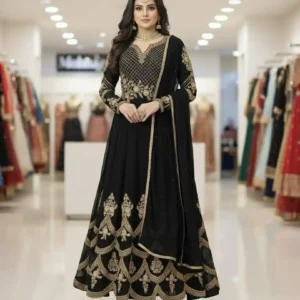 সেমি-স্টিচড জর্জেট ফ্লোর-টাচ আনারকলি – রাজকীয় এমব্রয়ডারি পার্টি ড্রেস